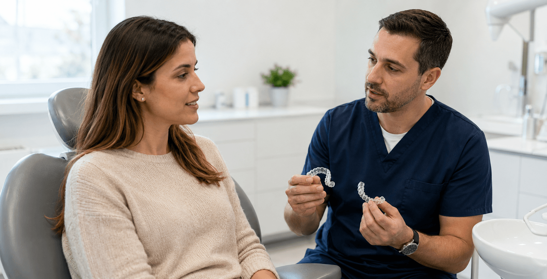Dentist discussing clear braces or clear aligner options with an adult patient.