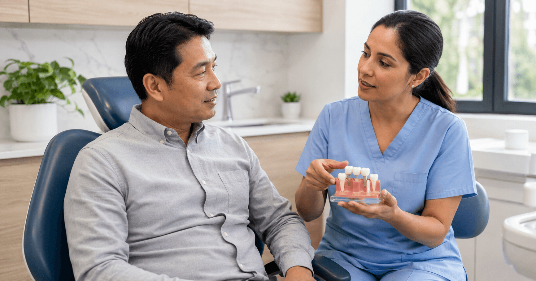 Dentist discussing dental bridge options with an adult patient.