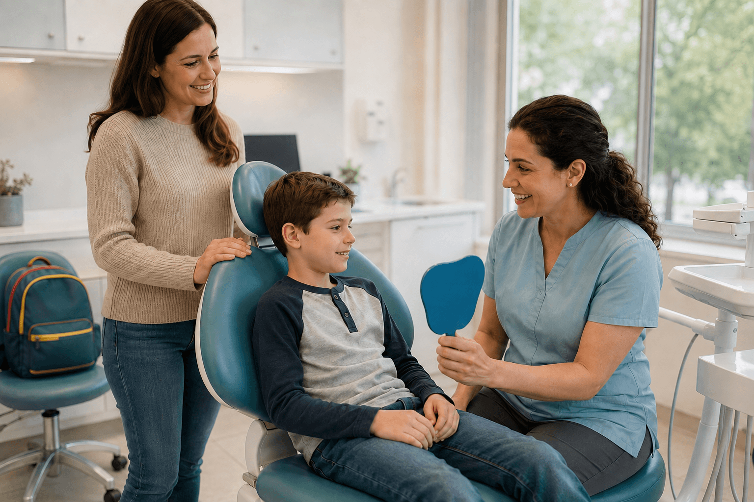Dentist showing a mirror to a child during a dental visit while the child’s parent stands nearby.