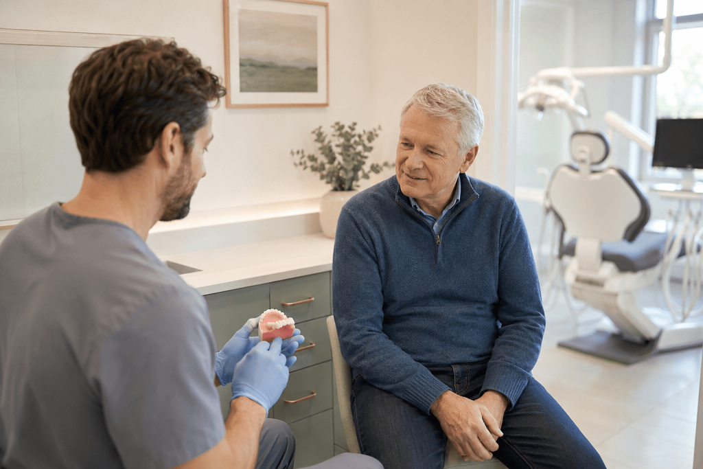 Dentist discussing denture fit and replacement options with an older adult patient.
