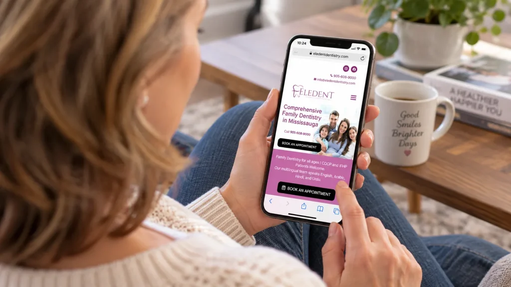 Woman researches family dentists on her phone