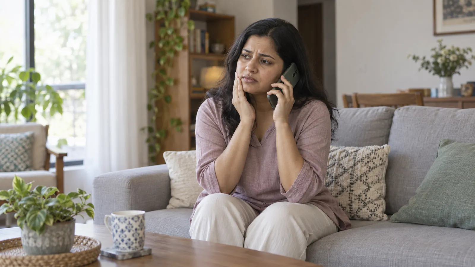 Woman holds her cheek while speaking on a phone, seated on a sofa at home.